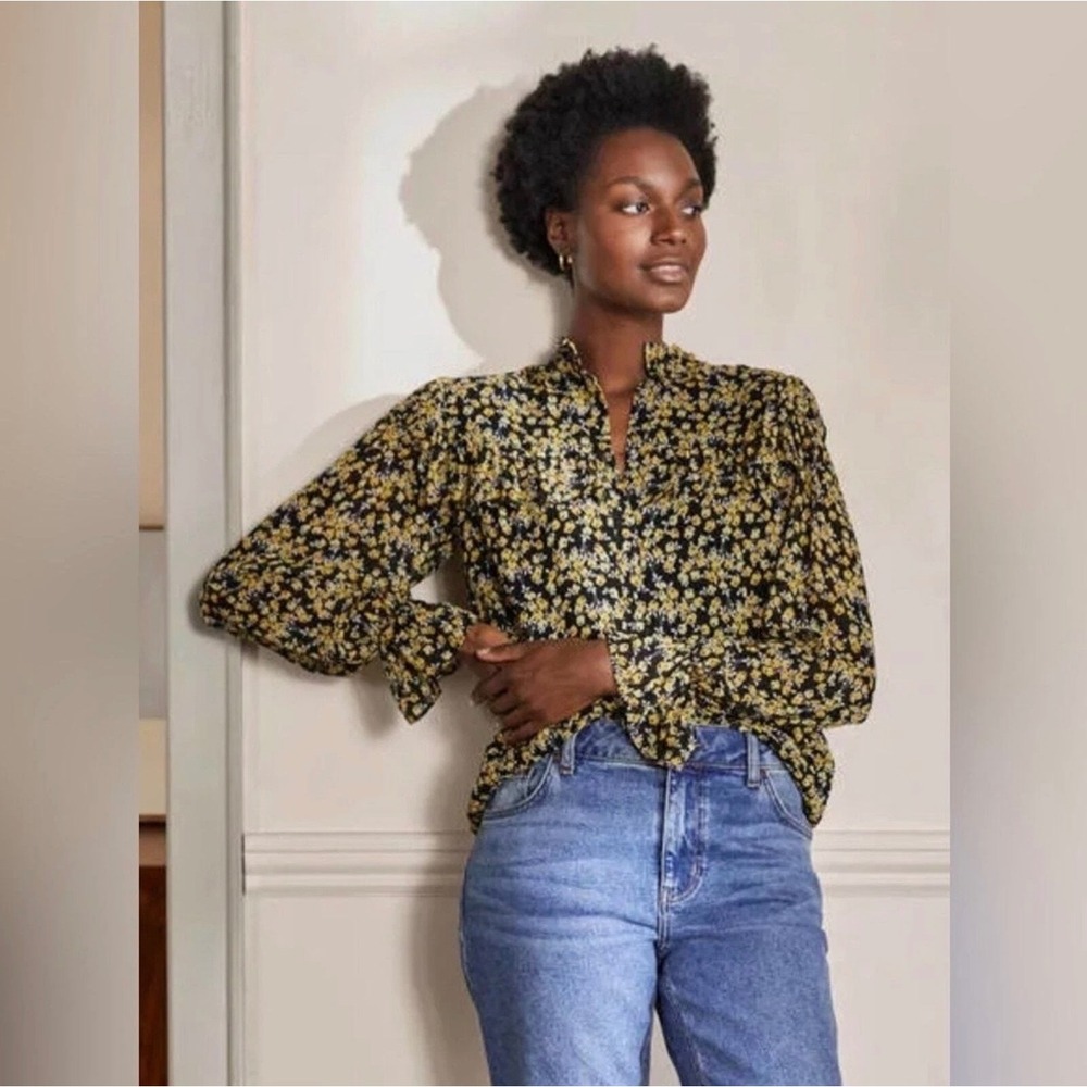 Boden Floral Blouse Women 2P Black Yellow Excellent Ruffle Neck Smocked Top